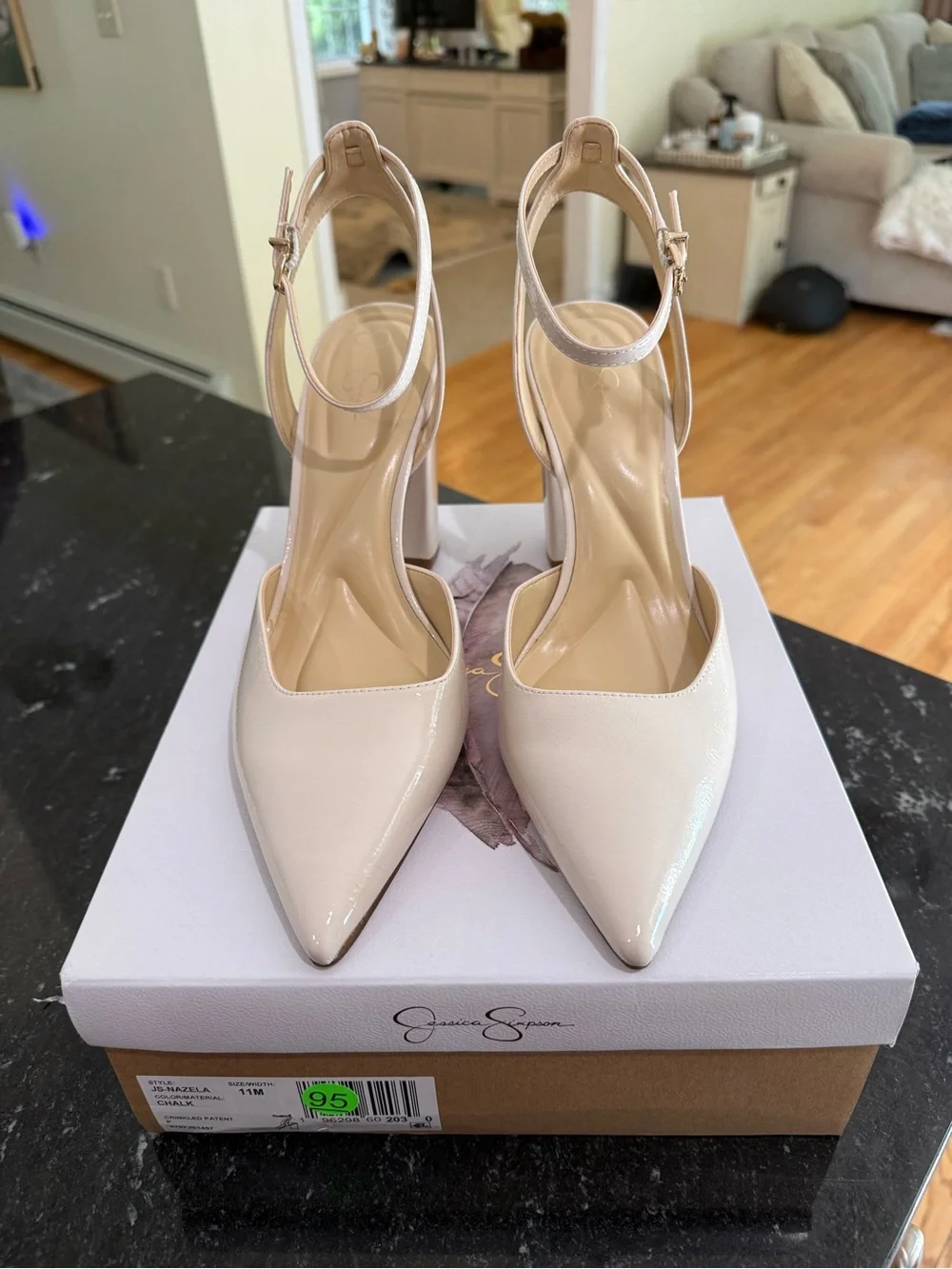 Jessica Simpson Pale Cream Pointed Toe Block Heel Ankle-Strap Pumps
